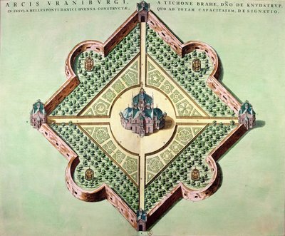 1645年にアムステルダムで出版された「Le Theatre du Monde」または「Nouvel Atlas」からデンマークのHven島にTycho Brahe（1546-1601）によって1584年に建設されたウラニボー城と天文台の計画 作： Joan Blaeu